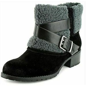 Size 8 Charles David Jen Suede Cuffed Grey Shearling Lug Sole‎ Moto Boot Black